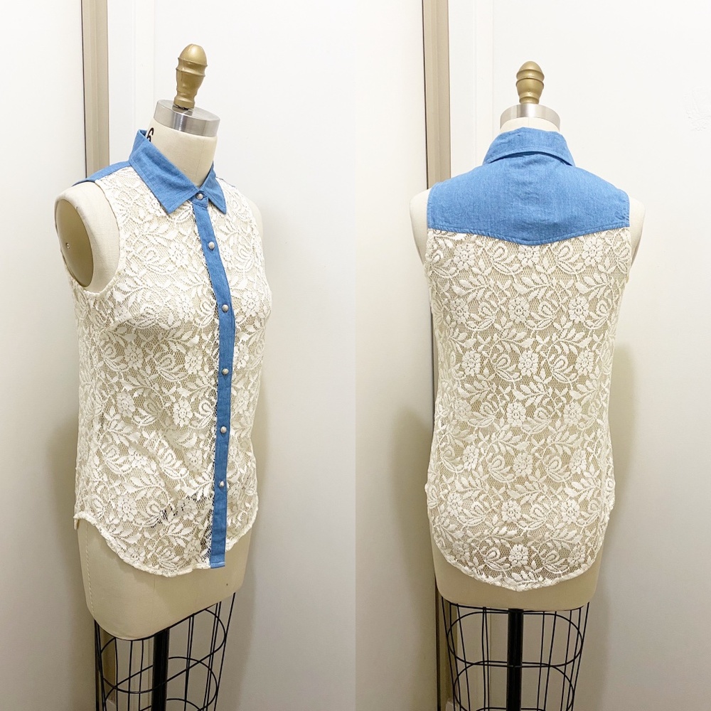 NWT Fun & Flirt Lace Button Up Tank White Blue S